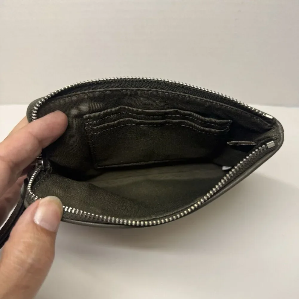 Coach Corner Zip Wristlet Charcoal Signature Jacquard Canvas Leather Strap Pouch